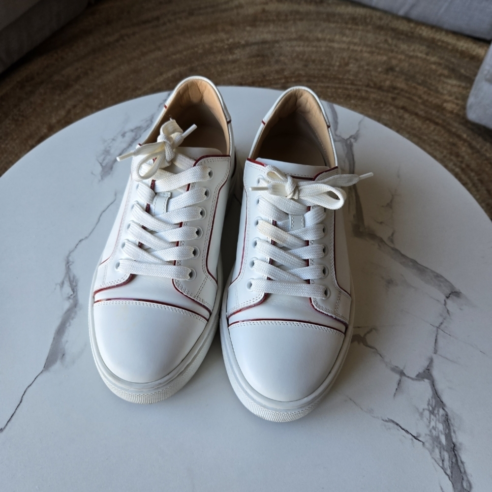 White Leather Lace-Up Sneakers with Red Trim Christian Louboutin